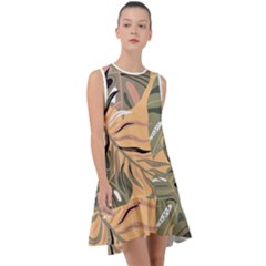 Leaves Monstera Picture Print Pattern Frill Swing Dress by Ravend