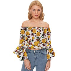 Pumpkin Fruit Flower Pattern Off Shoulder Flutter Bell Sleeve Top by Ravend