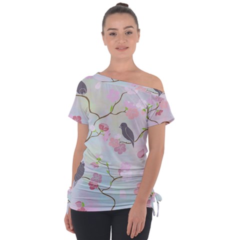 Bird Blossom Seamless Pattern Off Shoulder Tie-up Tee by Ravend