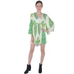 Watercolor Banana Leaves  V-neck Flare Sleeve Mini Dress by ConteMonfrey