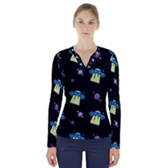 Illustration Cosmos Cosmo Rocket Spaceship -ufo V-neck Long Sleeve Top by danenraven