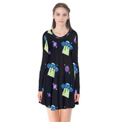 Illustration Cosmos Cosmo Rocket Spaceship -ufo Long Sleeve V-neck Flare Dress by danenraven