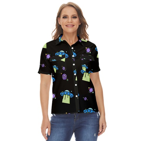 Illustration Cosmos Cosmo Rocket Spaceship -ufo Women s Short Sleeve Double Pocket Shirt by danenraven