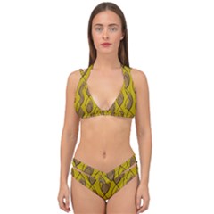 Yellow Brown Minimalist Leaves  Double Strap Halter Bikini Set by ConteMonfrey