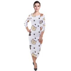 Cute Cat Kitten Animal Design Pattern Quarter Sleeve Midi Velour Bodycon Dress by danenraven