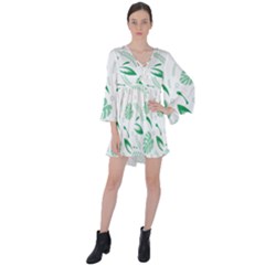 Green Nature Leaves Draw   V-neck Flare Sleeve Mini Dress by ConteMonfrey