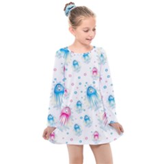 Jellyfis Pink Blue Cartoon Kids  Long Sleeve Dress by danenraven