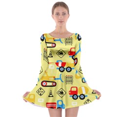 Seamless Pattern Vector Industrial Vehicle Cartoon Long Sleeve Skater Dress by Jancukart