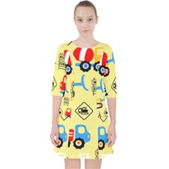 Seamless Pattern Vector Industrial Vehicle Cartoon Quarter Sleeve Pocket Dress by Jancukart