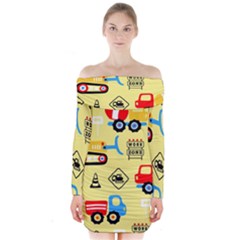 Seamless Pattern Vector Industrial Vehicle Cartoon Long Sleeve Off Shoulder Dress by Jancukart