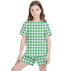 Straight Green White Small Plaids Kids  Tee And Sports Shorts Set by ConteMonfrey