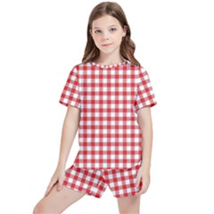 Straight Red White Small Plaids Kids  Tee And Sports Shorts Set by ConteMonfrey