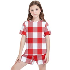 Red And White Plaids Kids  Tee And Sports Shorts Set by ConteMonfrey