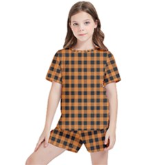 Orange Black Small Plaids Kids  Tee And Sports Shorts Set by ConteMonfrey