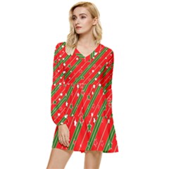 Xmash Christmas Stars Red Background Star Tiered Long Sleeve Mini Dress by Wegoenart