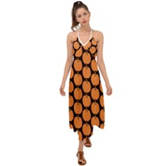 Black And Orange Pumpkin Halter Tie Back Dress  by ConteMonfrey