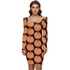 Black And Orange Pumpkin Women Long Sleeve Ruched Stretch Jersey Dress by ConteMonfrey