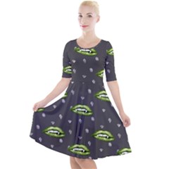 Green Vampire Mouth - Halloween Modern Decor Quarter Sleeve A-line Dress by ConteMonfrey