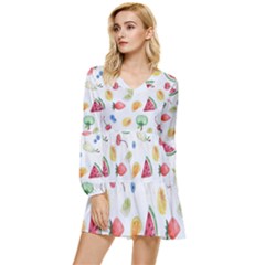 Fruit Summer Vitamin Watercolor Tiered Long Sleeve Mini Dress by Wegoenart