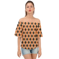 Halloween Inspired Black Orange Diagonal Plaids Off Shoulder Short Sleeve Top by ConteMonfrey