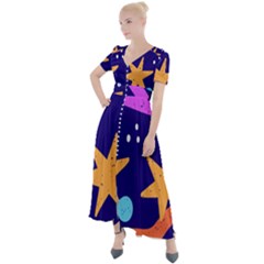 Star Abstract Pattern Wallpaper Button Up Short Sleeve Maxi Dress by Wegoenart