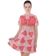 Background Watermelon Pattern Fruit Short Sleeve Shoulder Cut Out Dress  by Wegoenart