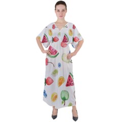 Fruit Summer Vitamin Watercolor V-neck Boho Style Maxi Dress by Wegoenart