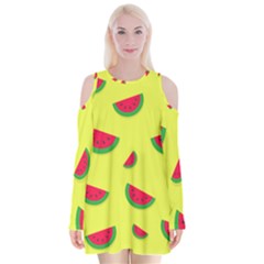 Watermelon Pattern Wallpaper Velvet Long Sleeve Shoulder Cutout Dress by Wegoenart