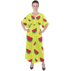 Watermelon Pattern Wallpaper V-neck Boho Style Maxi Dress by Wegoenart