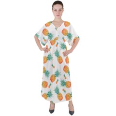 Pineapple Background Pattern Fruit V-neck Boho Style Maxi Dress by Wegoenart