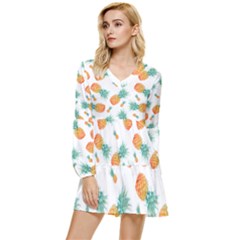 Pineapple Background Pattern Fruit Tiered Long Sleeve Mini Dress by Wegoenart