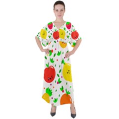 Pattern Fruit Fruits Orange Green V-neck Boho Style Maxi Dress by Wegoenart