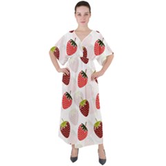 Strawberry Pattern Background V-neck Boho Style Maxi Dress by Wegoenart