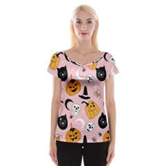 Pumpkin Cat Pattern Skull Cap Sleeve Top by Wegoenart