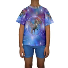 Unicorn Abstract Wave Line Kids  Short Sleeve Swimwear by Wegoenart