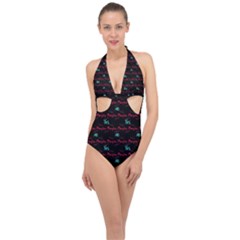 Doodle Lettering Background Halter Front Plunge Swimsuit by Ravend