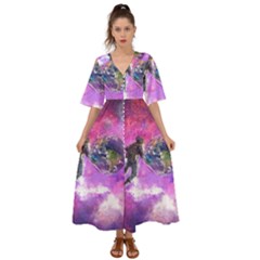 Astronaut Earth Space Planet Fantasy Kimono Sleeve Boho Dress by Ravend