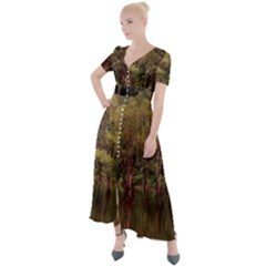 Landscape Jungle Reflection Nature Button Up Short Sleeve Maxi Dress by Wegoenart