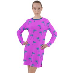 Pink And Blue, Cute Dolphins Pattern, Animals Theme Long Sleeve Hoodie Dress by Casemiro