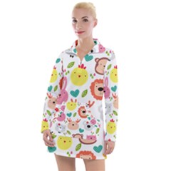 Cute Animals Cartoon Seamless Background Women s Long Sleeve Casual Dress by danenraven