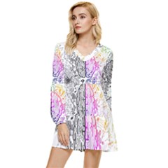 Anatomy Brain Head Medical Psychedelic  Skull Tiered Long Sleeve Mini Dress by danenraven