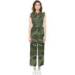 Green Bacteria Digital Wallpaper Eyes Look Biology Pattern Women s Frill Top Chiffon Jumpsuit by danenraven