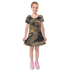 Gold And Silver Dragon Illustration Chinese Dragon Animal Kids  Short Sleeve Velvet Dress by danenraven