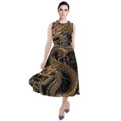 Gold And Silver Dragon Illustration Chinese Dragon Animal Round Neck Boho Dress by danenraven