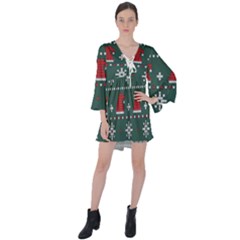 Beautiful Knitted Christmas Xmas Pattern V-neck Flare Sleeve Mini Dress by Jancukart