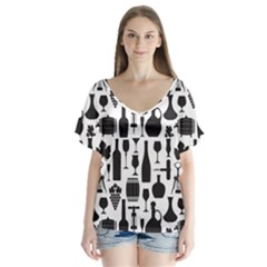 Wine Pattern Black White V-neck Flutter Sleeve Top by Jancukart