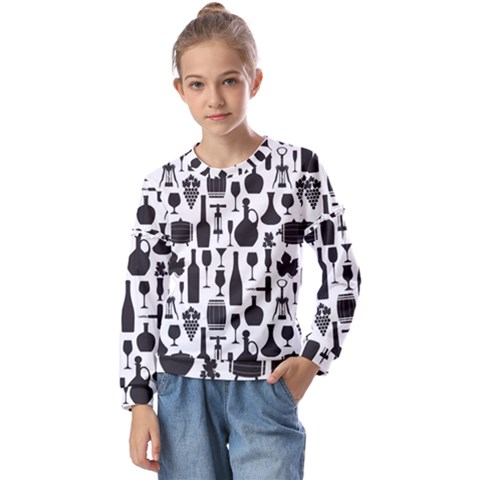 Wine Pattern Black White Kids  Long Sleeve Tee With Frill  by Jancukart