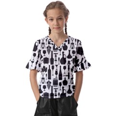 Wine Pattern Black White Kids  V-neck Horn Sleeve Blouse by Jancukart