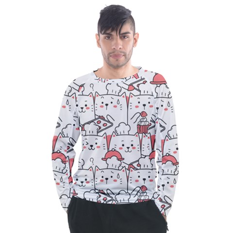 Cute-cat-chef-cooking-seamless-pattern-cartoon Men s Long Sleeve Raglan Tee by Jancukart