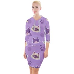 Cute-colorful-cat-kitten-with-paw-yarn-ball-seamless-pattern Quarter Sleeve Hood Bodycon Dress by Jancukart